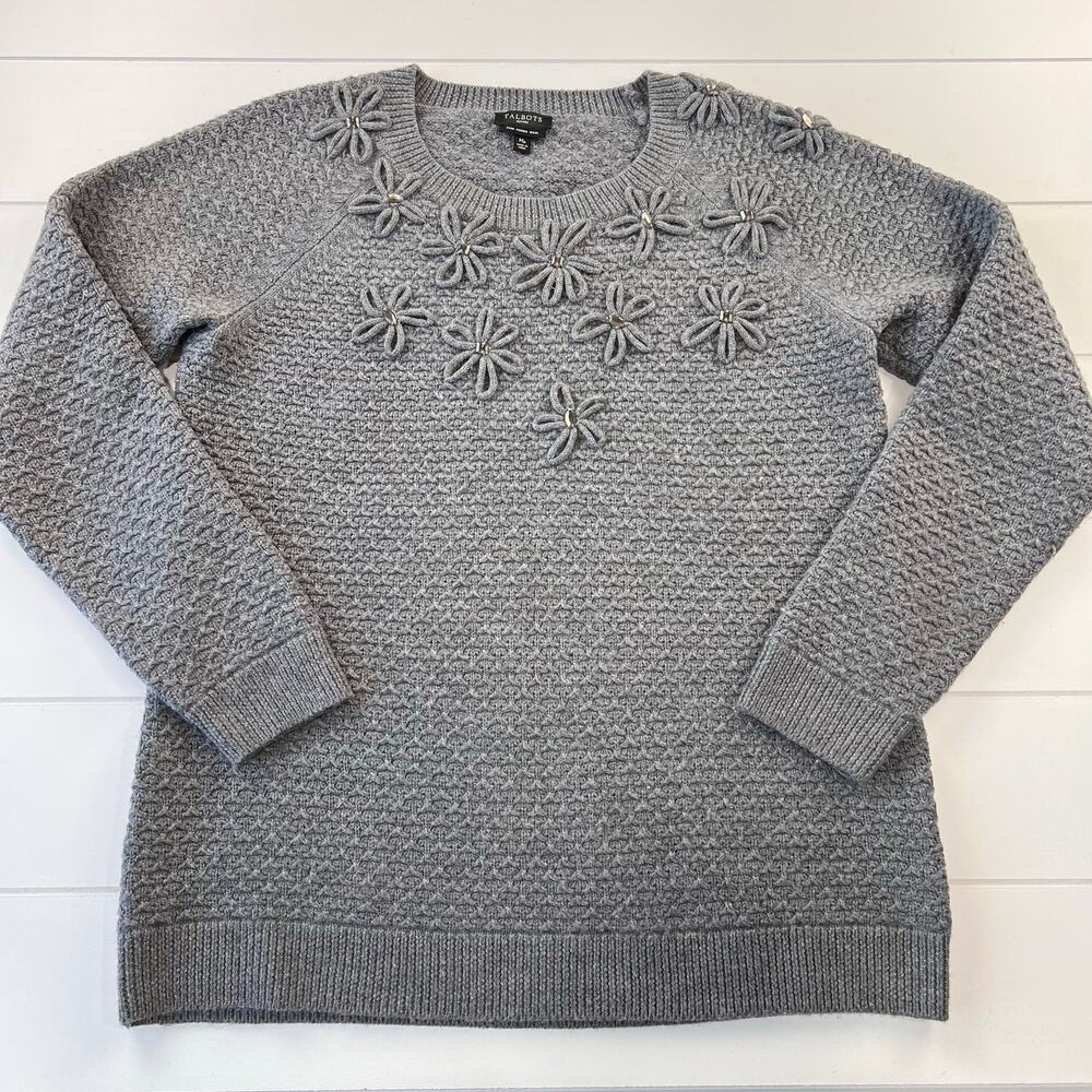 Talbots Merino Wool Gray Sweater Women's size Medium Petite MP Floral Gems